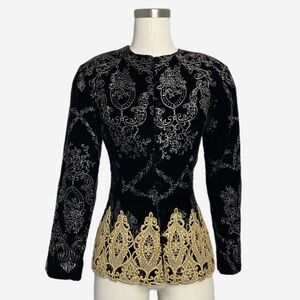 Vintage 90s Scott McClintock black velvet gold lace floral brocade blazer XS